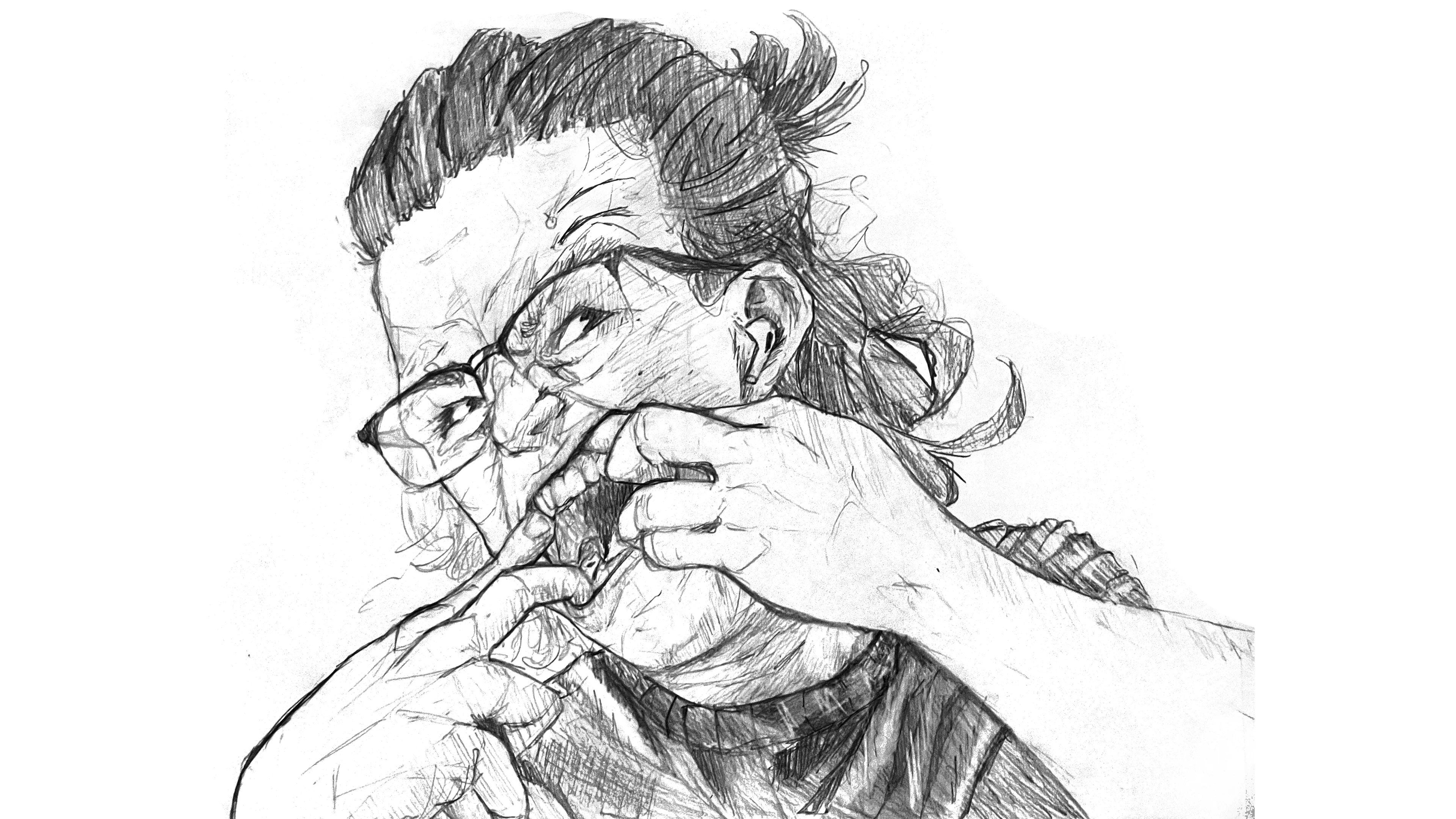 A detailed pencil sketch of a dude with messy hair and glasses, looking totally bummed out. He's got a hand up to his mouth, hiding part of his face. His eyes are shut, and his eyebrows are furrowed, showing he's deep in thought. The background is just plain white, making his emotional vibe stand out.